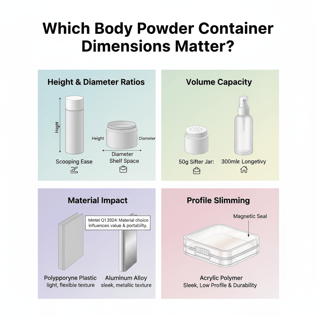 Vilka mått på kroppspuderbehållaren spelar roll?