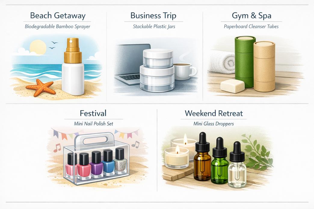 5 Escenarios para productos de embalaje cosmético de tamaño de viaje