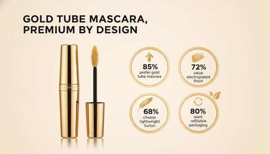 Los datos muestran que 85% prefieren la máscara de pestañas en tubo dorado